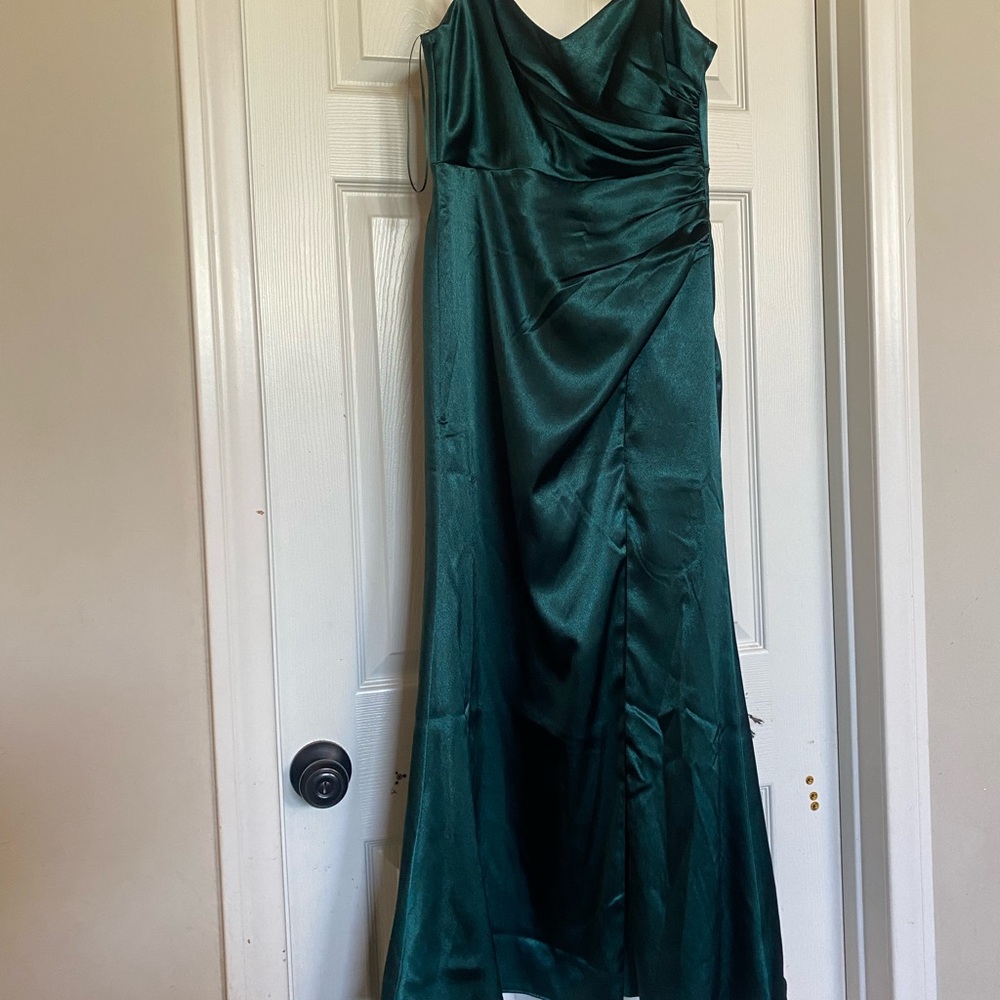 Birdy grey shiny satin emerald green bridesmaid dress.